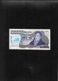 Rar! Argentina 10 australes pe 10000 pesos argentinos 1985 seria02669113 ruptura mediana
