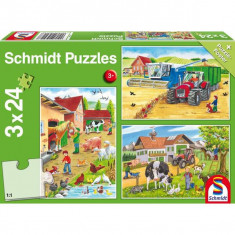 Puzzle Schmidt: La fermă, set de 3 puzzle-uri x 24 piese + cadou: poster