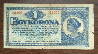 Bancnota Ungaria - 1 Korona 1920 foto