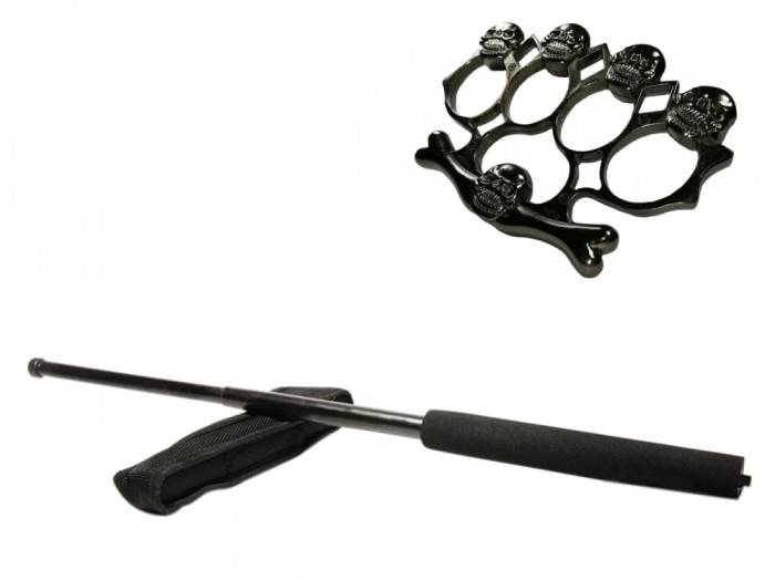 Set baston telescopic negru 50 cm si box,rozeta craniu negru