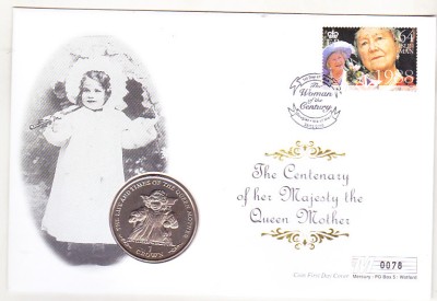 bnk mnd Insula Man 1 Crown 1999 unc , FDC , Centenar Regina Mama foto