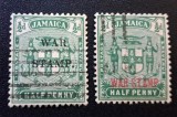 Jamaica 1916&ndash;1918 - Set 2 Timbre de Război &bdquo;WAR STAMP&rdquo; pe Stema Jamaicăi -CLN1