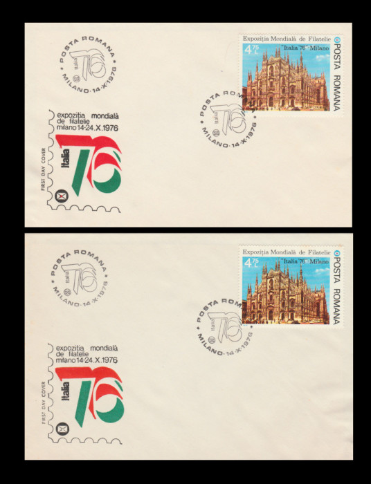 1976 Romania - 2 FDC Expozitia Filatelica Milano LP 922, varietate plic