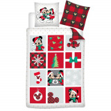 Lenjerie de pat Disney Minnie Craciunita, 2 Piese, 140A 200 cm, 65x65 cm, 100% Bumbac Flanel