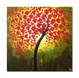Cumpara ieftin Tablou 3D cu flori GIGANT pictat manual, Copac cu flori rosii, 90x90cm ulei pe panza in cutit, gata de expus pe perete