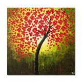 Tablou 3D cu flori GIGANT pictat manual, Copac cu flori rosii, 90x90cm ulei pe panza in cutit, gata de expus pe perete