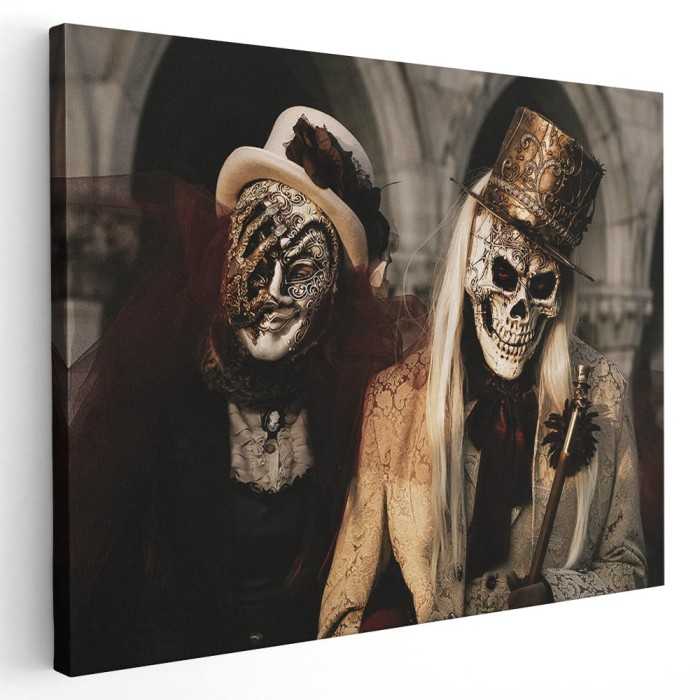 Tablou cuplu in costume schelet la Carnavalul de la Venetia Tablou canvas pe panza CU RAMA 40x60 cm