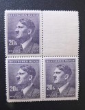 Boemia și Moravia 1942 Serie Uzuală Adolf Hitler Valoare Mare 20 Korun Bloc de 3 cu C&acirc;mp Alb Dreapta-Sus MNH Neștampilat - A0029