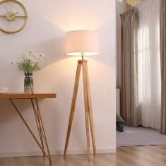 HOMCOM Lampa de podea cu trepied din lemn ?i abajur din material textil, E27, 45x45x147cm - alb/lemn foto