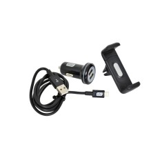 Set suport auto telefon cu incarcator bricheta Fast Charge cu 2 iesiri USB si cablu cu cablu conector hibrid MicroUSB MFi Dock 8pin, Carpoint AutoDriv foto