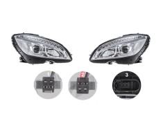 Far Mercedes Clasa C (W204), 03.2007-03.2011, model tuning, montare stanga+dreapta, cu indicator led; cu lumini de zi tip LED; H9+LED; manual; cromat