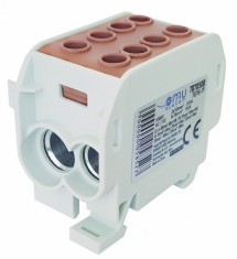 Clema de distributie - derivatie maro Cu-Al 300A 185A pe sina DIN 1 pol 2 intrari borne (50+70mm &sup2;) si 2 iesiri (50+70mm &sup2;) 1000V AC DC