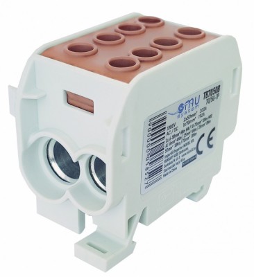 Clema de distributie - derivatie maro Cu-Al 300A 185A pe sina DIN 1 pol 2 intrari borne (50+70mm &amp;sup2;) si 2 iesiri (50+70mm &amp;sup2;) 1000V AC DC foto