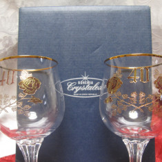 SET PAHARE CRISTAL BOHEMIA ANIVERSARE 40 ANI DECOR GRAVAT CU TRANDAFIRI 17.5 CM