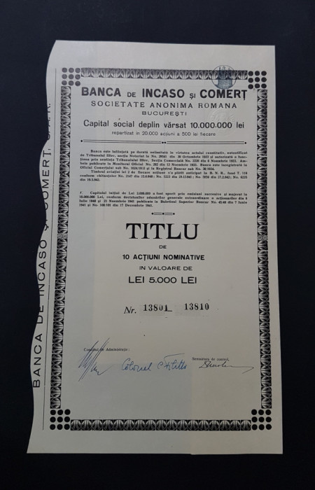 Actiune 1941 Banca de Incaso si comert / titlu / actiuni