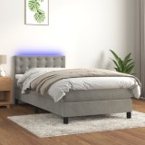 Gossi pat cu arcuri, saltea si led, gri deschis, 90x190 cm, catifea