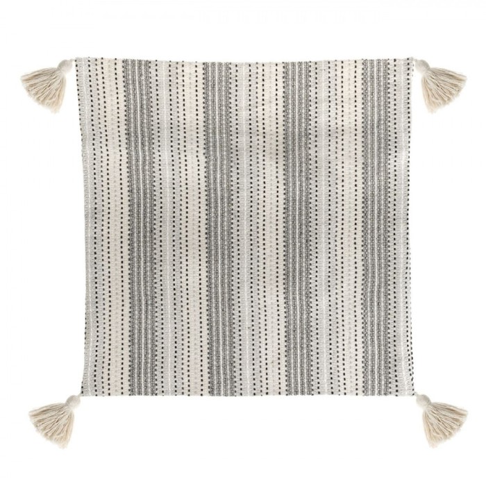 Față de Pernă Decorativă, Model Cu Dungi și Ciucuri, Bumbac, Ecru Gri, 43x42cm