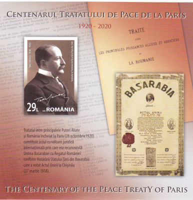 ROMANIA 2020 Tratatele de Pace de la Paris-Trianon Colita nedantelata LP2305b. foto