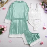 Set Pijama de Dama 4 Piese din Satin, Culoare Turcoaz - ANI115