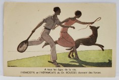 CUPLU CU CAINE LA PLIMBARE , CARTE POSTALA DE RECLAMA LA MEDICAMENTELE &amp;#039; HEMOSTYL &amp;#039; si HEPAMOXYL &amp;#039; , FRANTA , PERIOADA INTERBELICA foto
