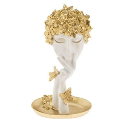 Figurină Decorativă Statui, Model Flori Aurii și Fluturi, Culoare Alb Auriu, Dimensiuni 15x10x28cm, Material Polirasină foto