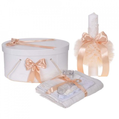 Set trusou botez, cutie trusou si lumanare, decor elegant dantela Crem, foto