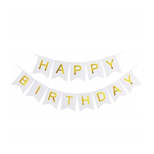 Banner happy birthday 100x200 cm, flippy, dimensiune stegulet 11.5x16.5 cm, rola de ata inclusa, alb