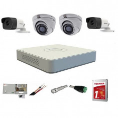 Sistem supraveghere mixt complet Hikvision 4 camere Turbo HD 5 MP 20 m IR si 80 ir cu toate accesoriile, CADOU HDD 1TB SafetyGuard Surveillance