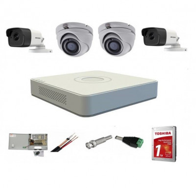 Sistem supraveghere mixt complet Hikvision 4 camere Turbo HD 5 MP 20 m IR si 80 ir cu toate accesoriile, CADOU HDD 1TB SafetyGuard Surveillance foto