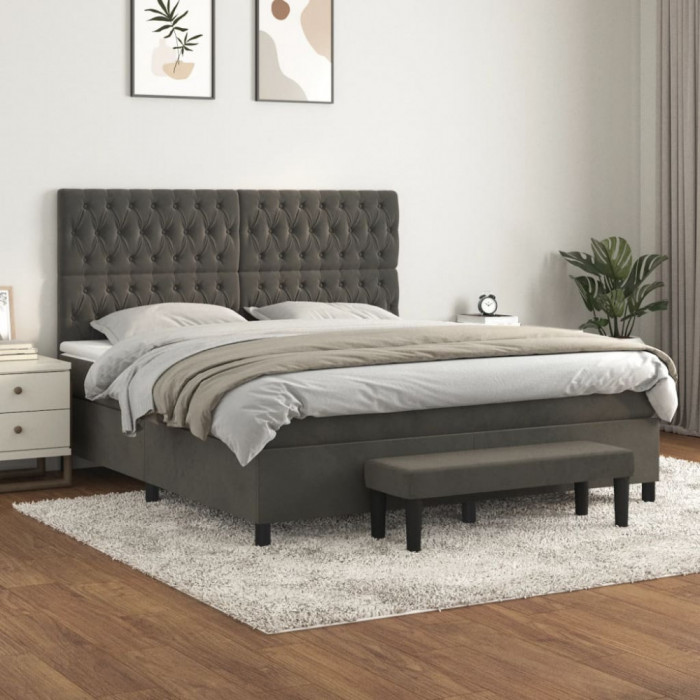 vidaXL Pat box spring cu saltea, gri &icirc;nchis, 180x200 cm, catifea