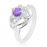 Inel lucios de culoare argintie, zirconiu rotund, violet, zirconii transparente - Marime inel: 50