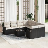 Set de sofa modular vidaXL cu 9 piese și perne negre din poliratan, Sofa de grădină vidaXL pentru 2 persoane cu spațiu de depozitare și perne negre di