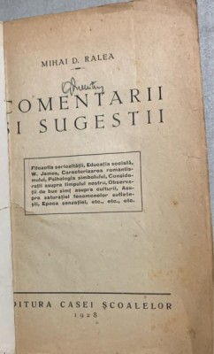 Comentarii si sugestii - Mihai D. Ralea - din biblioteca lui Geo Dumitrescu foto