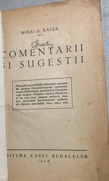 Comentarii si sugestii - Mihai D. Ralea - din biblioteca lui Geo Dumitrescu