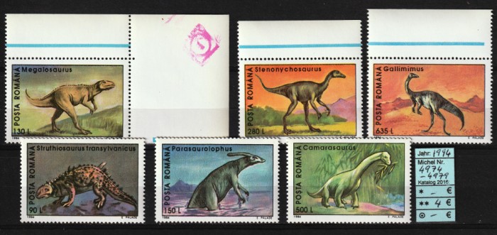 Timbre Rom&acirc;nia, 1994 | Animale Preistorice - Dinozauri | completă - MNH | aph