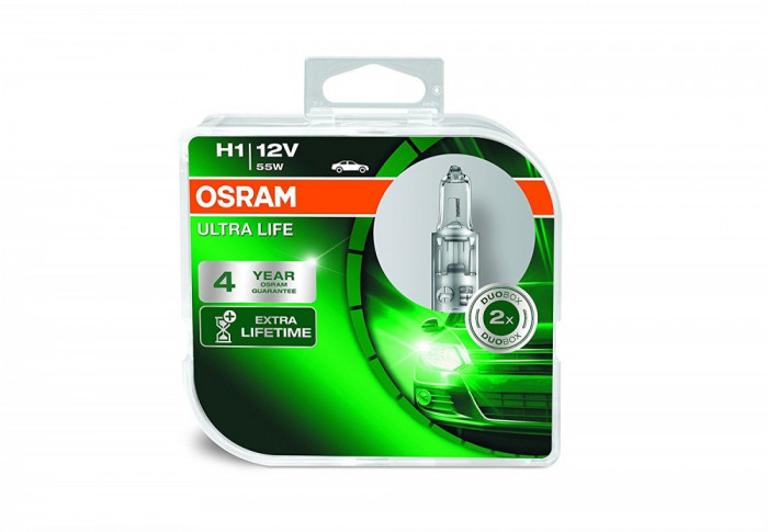 Becuri auto H1 12V 55W P14.5s, Set 2 becuri Osram H1 UltraLife 64150ULT-HCB