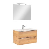 Mobilier Baie Vario Trim 80 Stejar, Lavoar Ceramic &amp; Oglinda Cub. Corp Suspendat PAL, Sertar Silentios. Elegant si Modern!