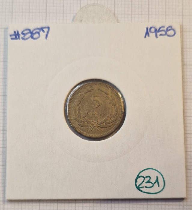 231 Turcia, Turkey, 5 Kurus 1955, KM#887