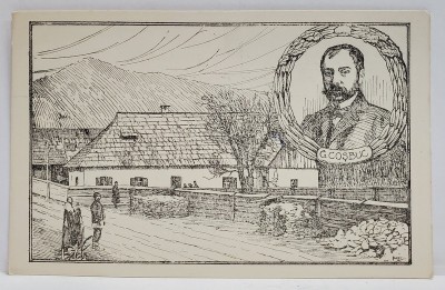 CASA NATALA DIN HORDAU SI PORTRETUL LUI GEORGE COSBUC , GRAFICA DUPA O FOTOGRAFIE CONTEMPORANA , CARTE POSTALA , 1926 foto