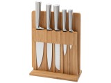 Set 5 cuțite oțel inoxidabil pentru bucatarie Koken cu suport si tocator din bambus