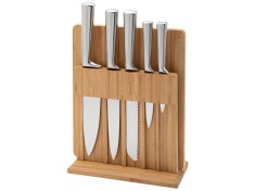 Set 5 cuțite oțel inoxidabil pentru bucatarie Koken cu suport si tocator din bambus