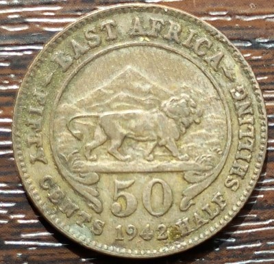 (A36) MONEDA DIN ARGINT EAST AFRICA - 50 CENTS / HALF SHILLING 1942, GEORGE VI foto