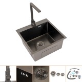 Chiuveta inox Leziter Korin II Negru Mat 50x50cm 22cm Adancime Set complet cu Baterie Valen