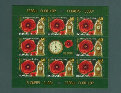 Romania 2013 Ceasul florilor MNH 8 timbre*0,6 lei Macul rosu de camp LP 1966 c foto