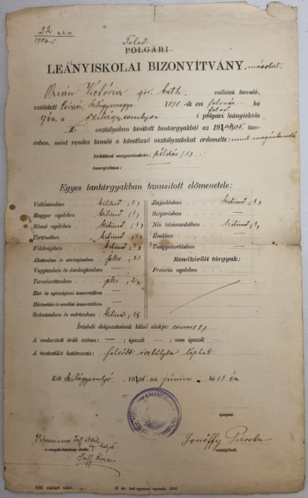 Certificat scolar absolvire Simleu leavyiskolai bizonyitvany in lb maghiara 1905