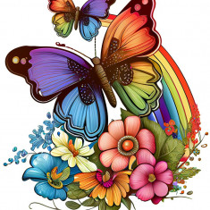 Sticker decorativ, Fluture, Curcubeu si Flori, Multicolor, 68 cm, 1210STK