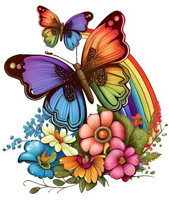 Sticker decorativ, Fluture, Curcubeu si Flori, Multicolor, 68 cm, 1210STK foto