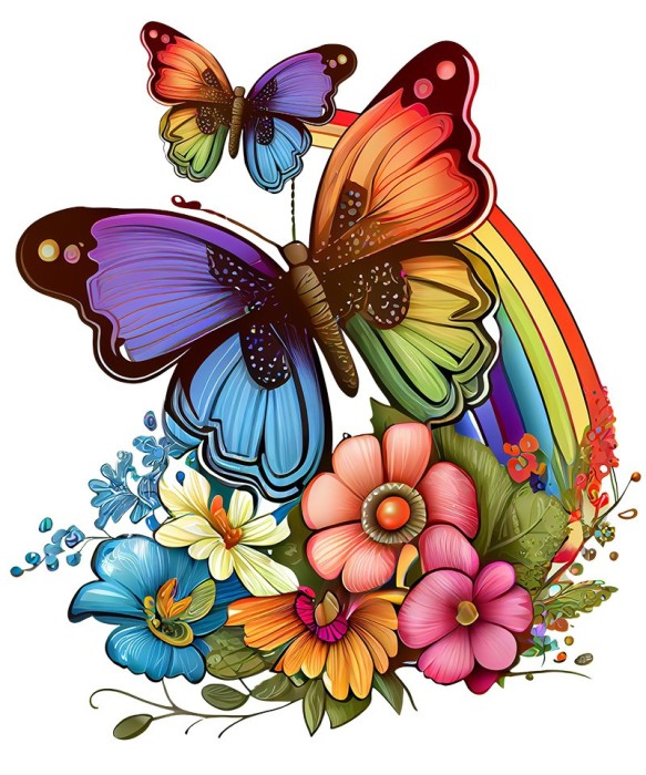 Sticker decorativ, Fluture, Curcubeu si Flori, Multicolor, 68 cm, 1210STK