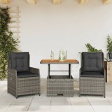 VidaXL Set bistro de grădină cu perne, 3 piese, gri, poliratan