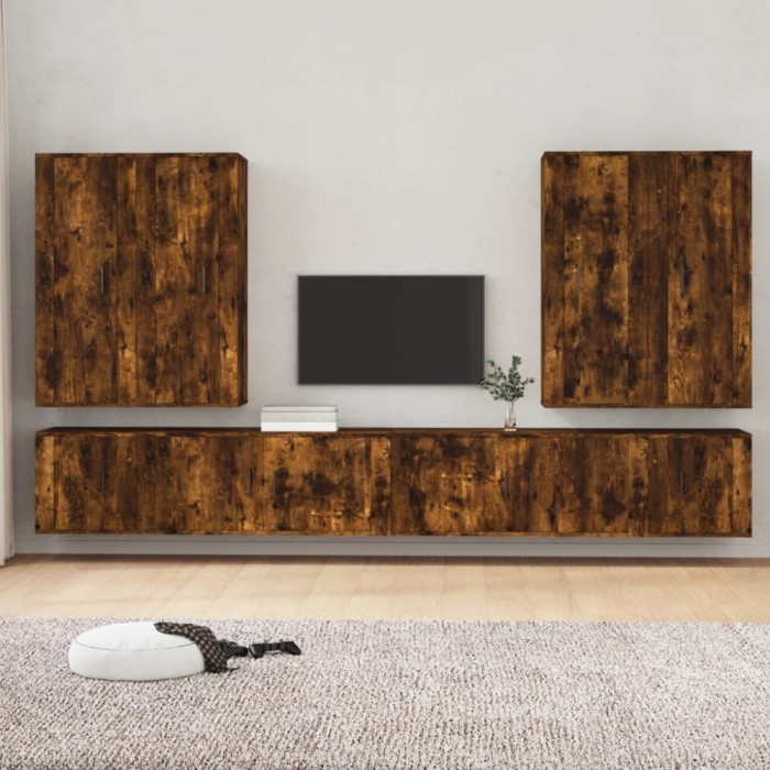 Set dulap TV, 8 piese, stejar fumuriu, lemn prelucrat